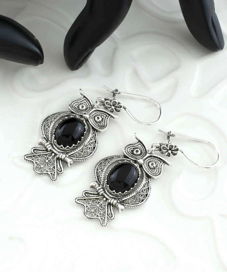 Filigree Art Owl Figured Black Onyx Gemstone Women Silver Dangle Earrings - Drakoi Marketplace