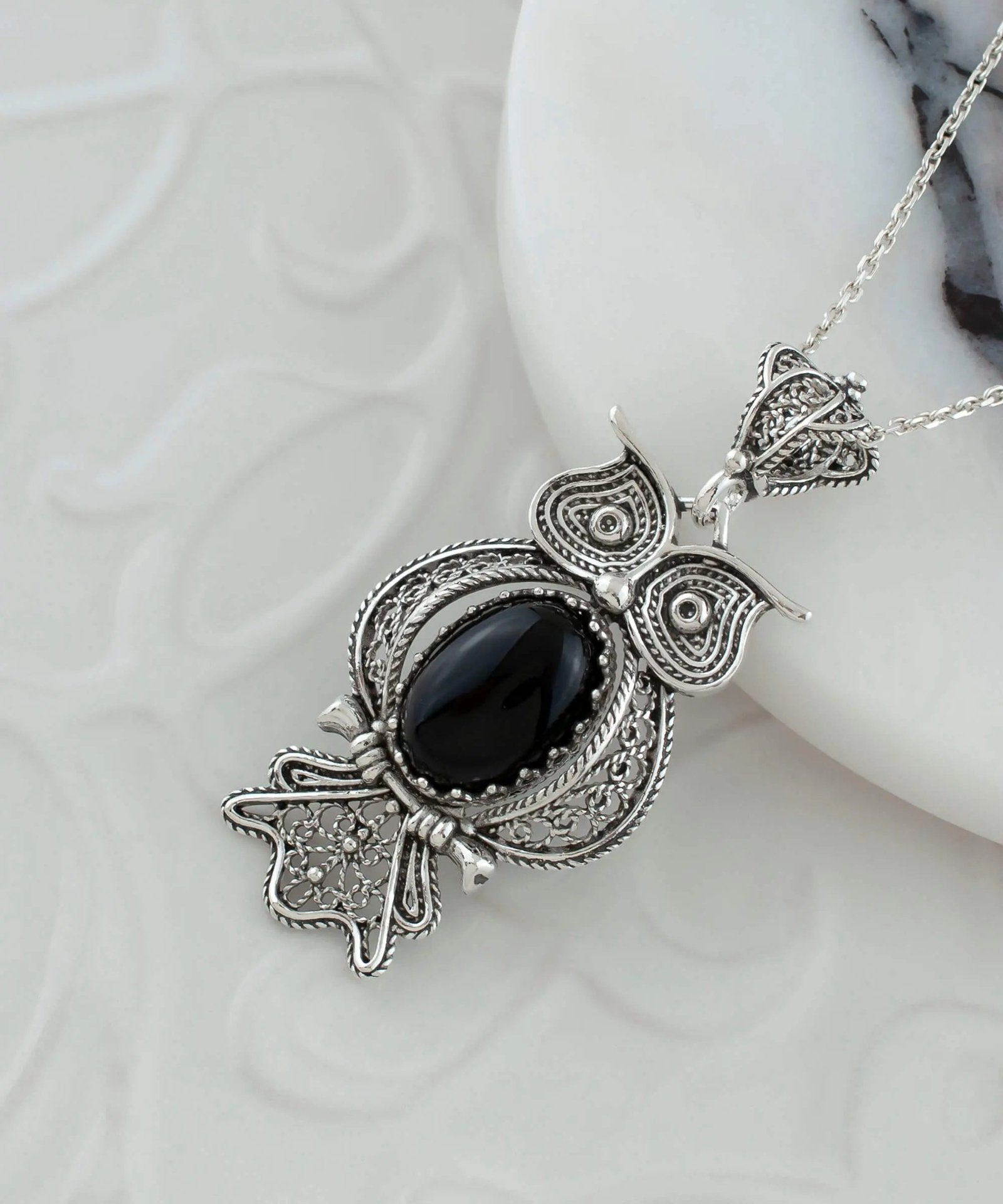 Filigree Art Owl Figured Black Onyx Gemstone Women Silver Pendant Necklace - Drakoi Marketplace