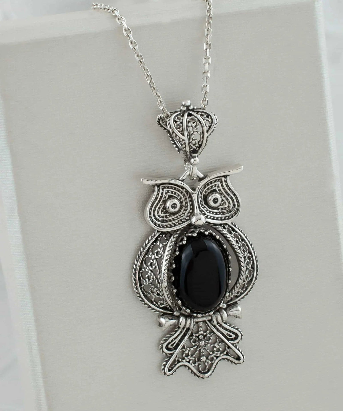 Filigree Art Owl Figured Black Onyx Gemstone Women Silver Pendant Necklace - Drakoi Marketplace