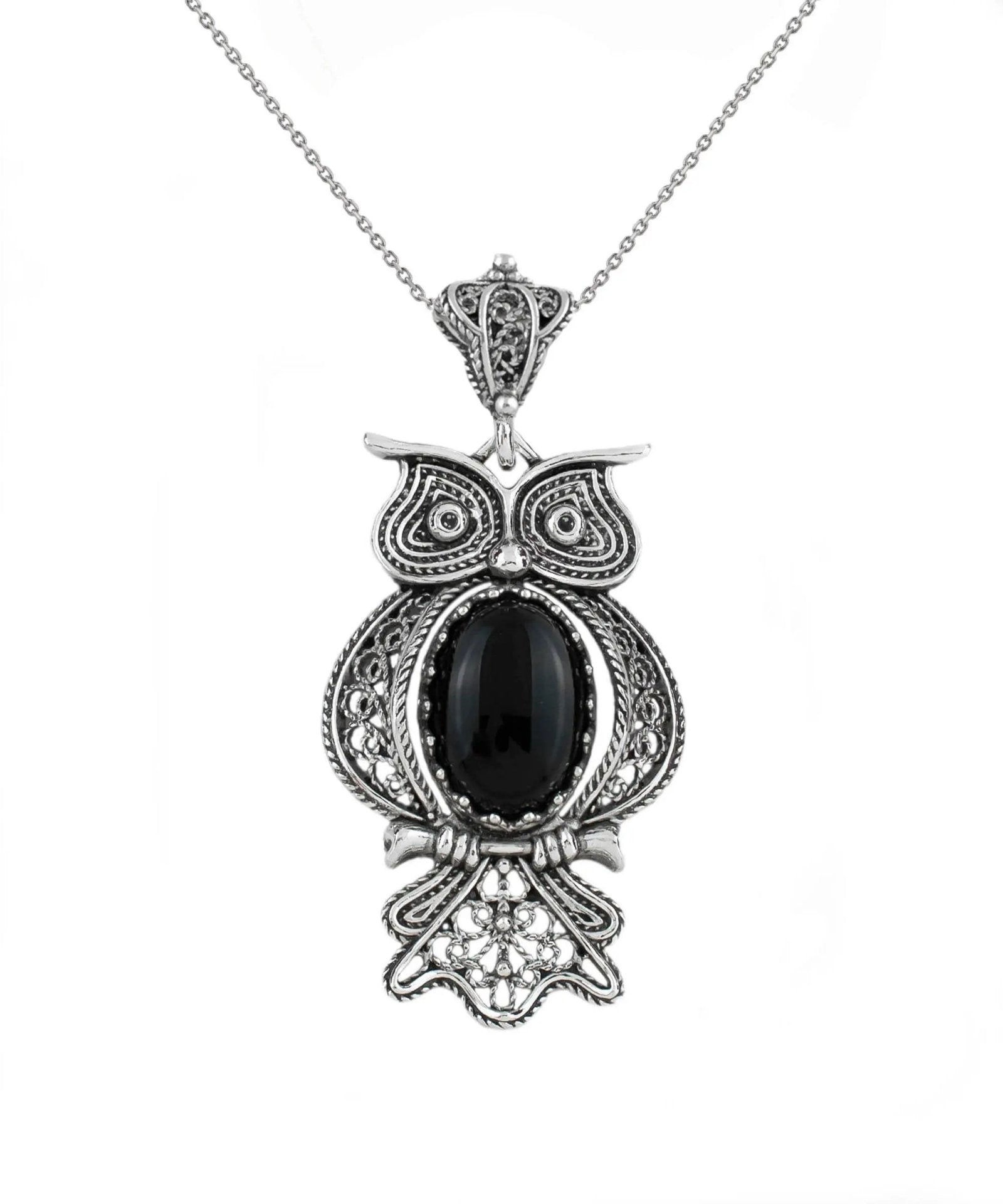 Filigree Art Owl Figured Black Onyx Gemstone Women Silver Pendant Necklace - Drakoi Marketplace