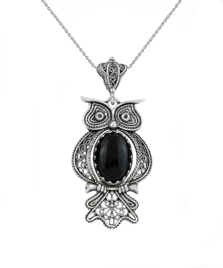 Filigree Art Owl Figured Black Onyx Gemstone Women Silver Pendant Necklace - Drakoi Marketplace