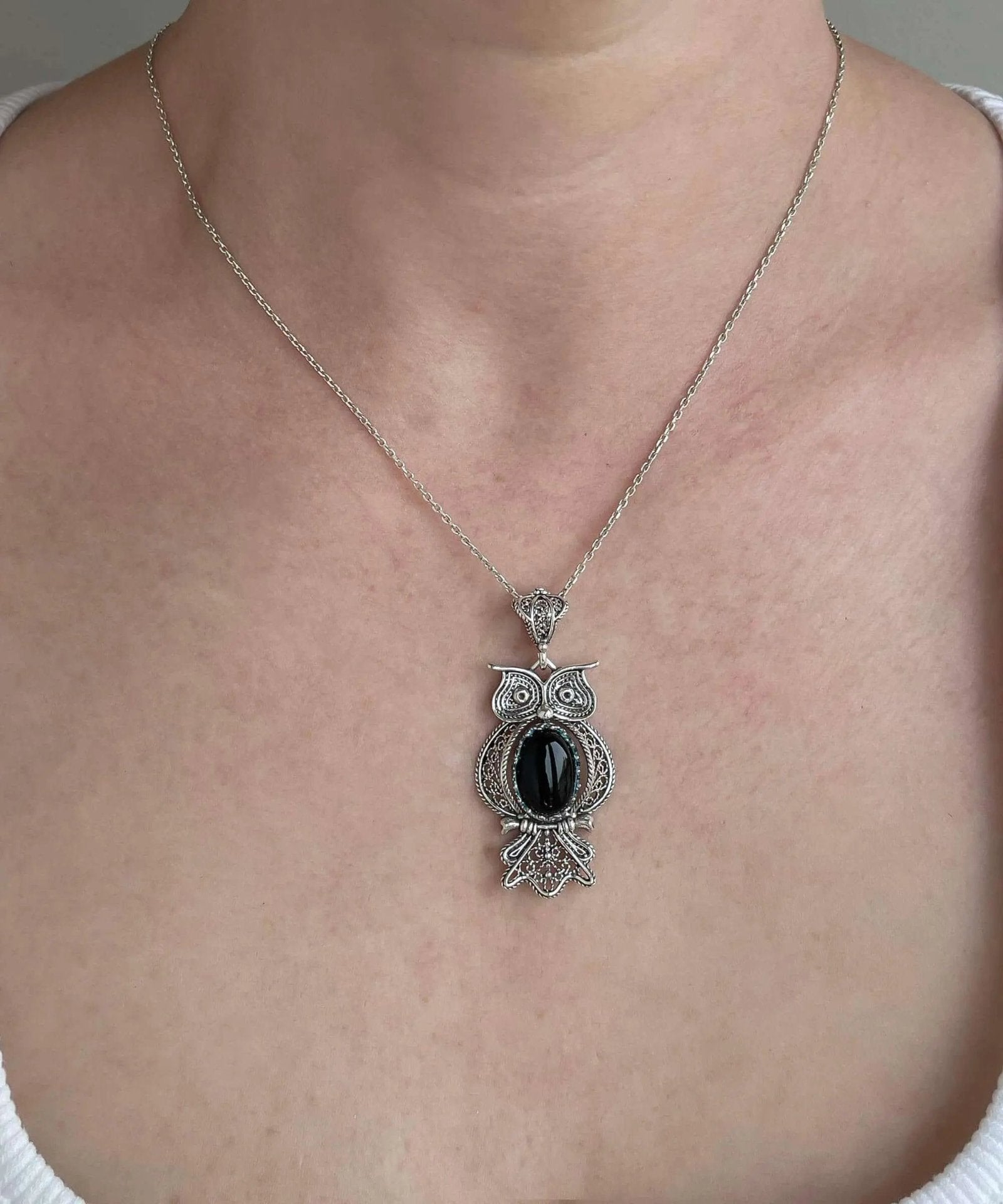 Filigree Art Owl Figured Black Onyx Gemstone Women Silver Pendant Necklace - Drakoi Marketplace