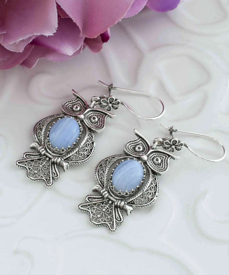 Filigree Art Owl Figured Blue Lace Agate Gemstone Women Silver Dangle Earrings - Drakoi Marketplace