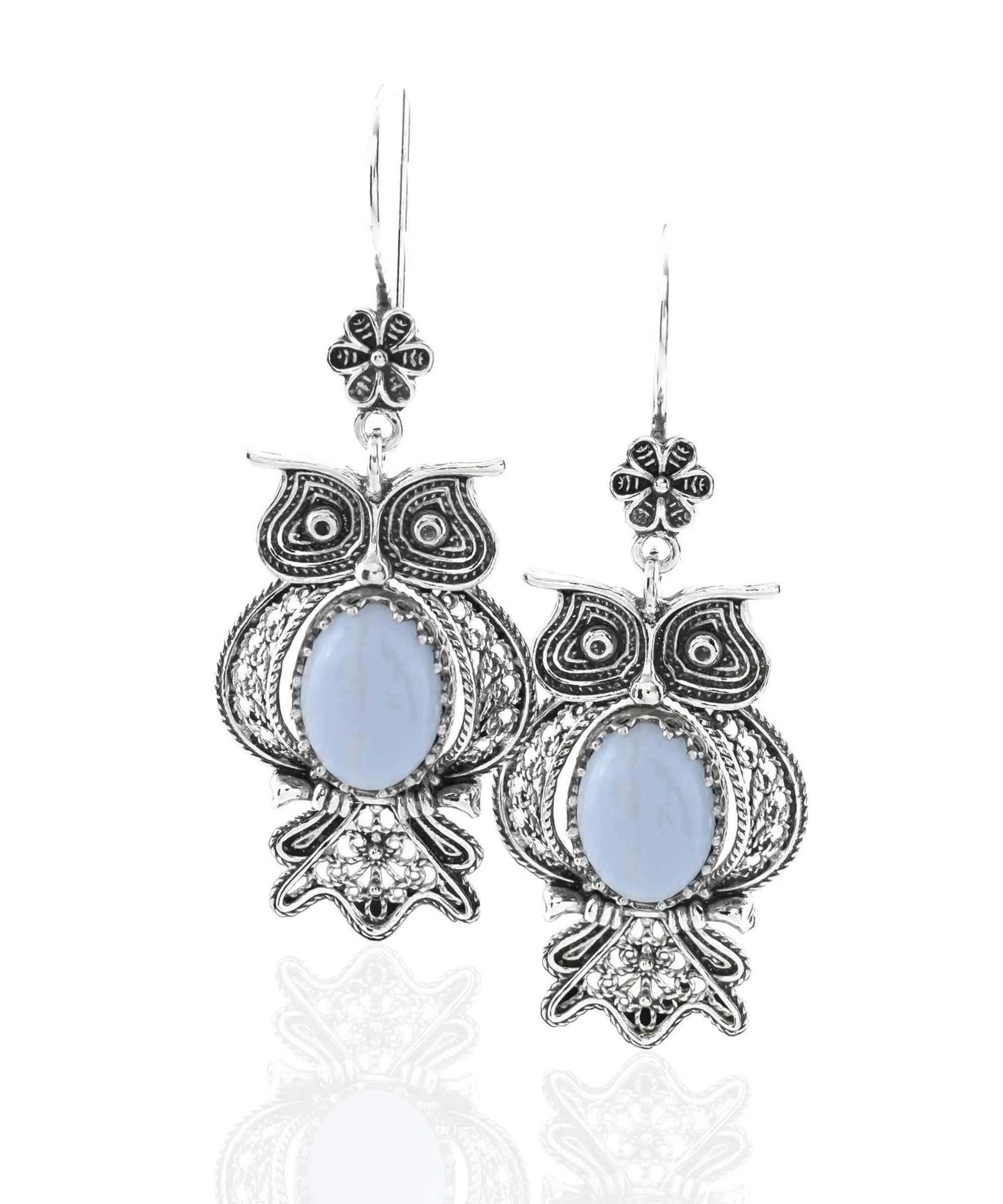 Filigree Art Owl Figured Blue Lace Agate Gemstone Women Silver Dangle Earrings - Drakoi Marketplace