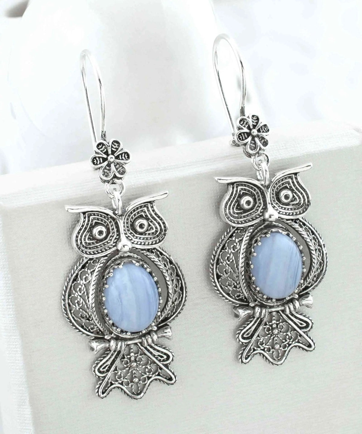 Filigree Art Owl Figured Blue Lace Agate Gemstone Women Silver Dangle Earrings - Drakoi Marketplace