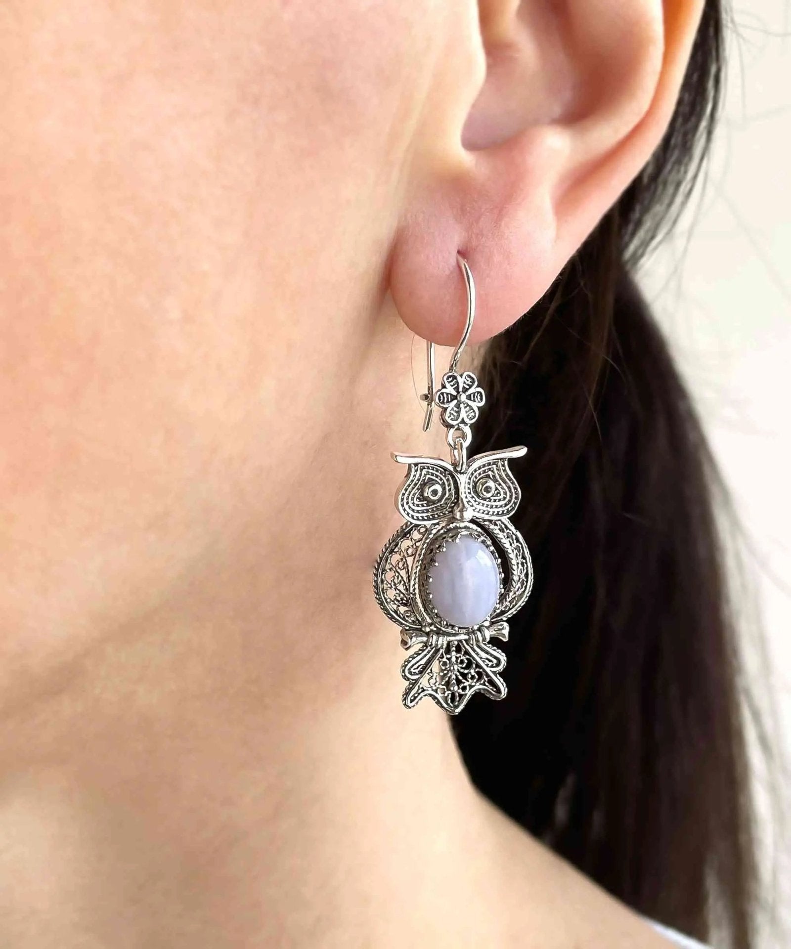 Filigree Art Owl Figured Blue Lace Agate Gemstone Women Silver Dangle Earrings - Drakoi Marketplace