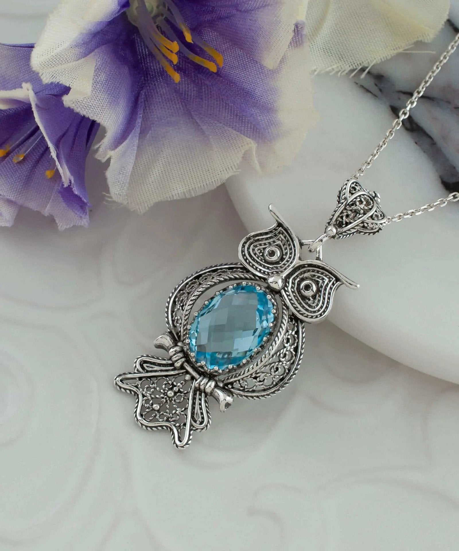 Filigree Art Owl Figured Blue Topaz Gemstone Women Silver Pendant Necklace - Drakoi Marketplace