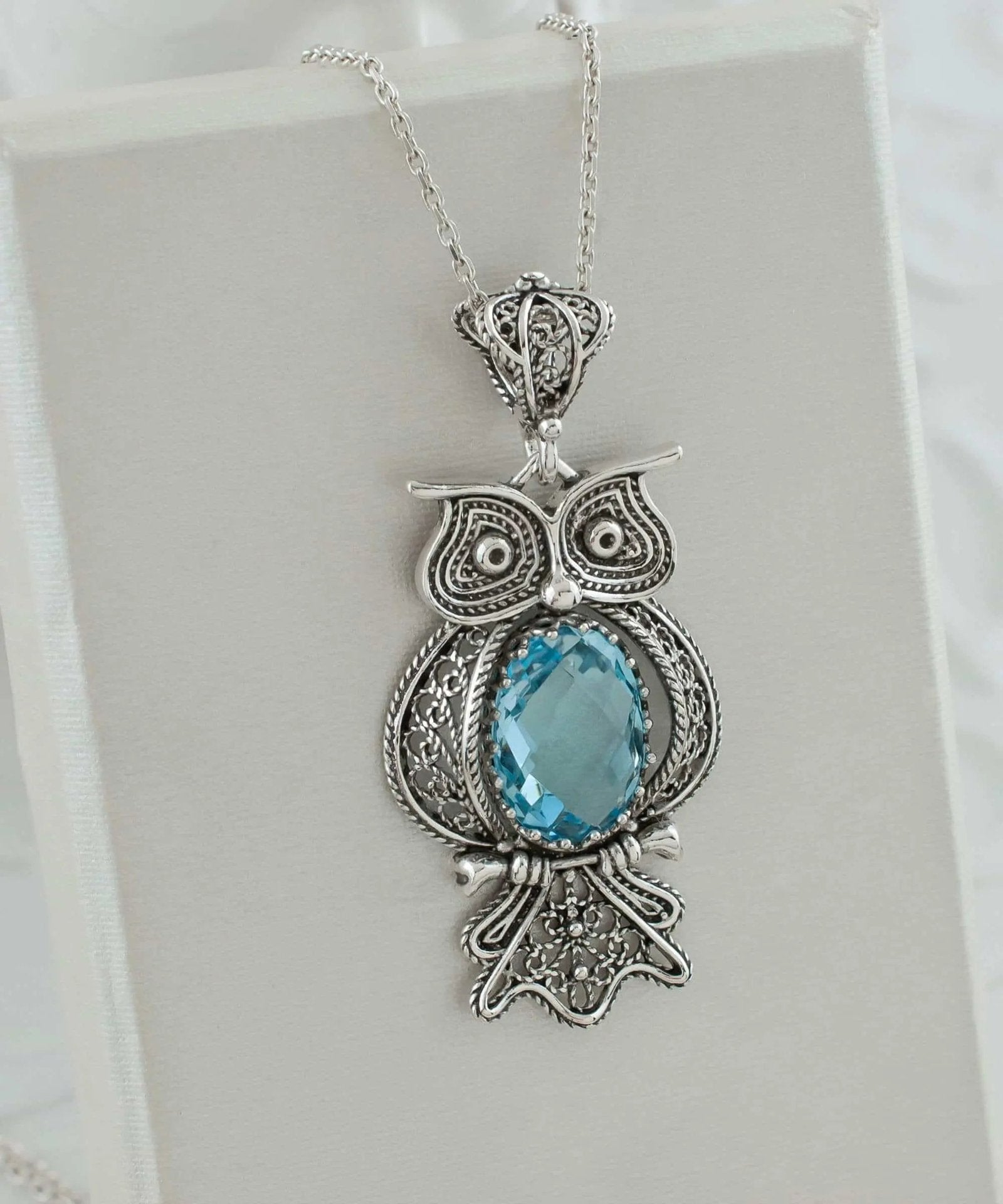 Filigree Art Owl Figured Blue Topaz Gemstone Women Silver Pendant Necklace - Drakoi Marketplace