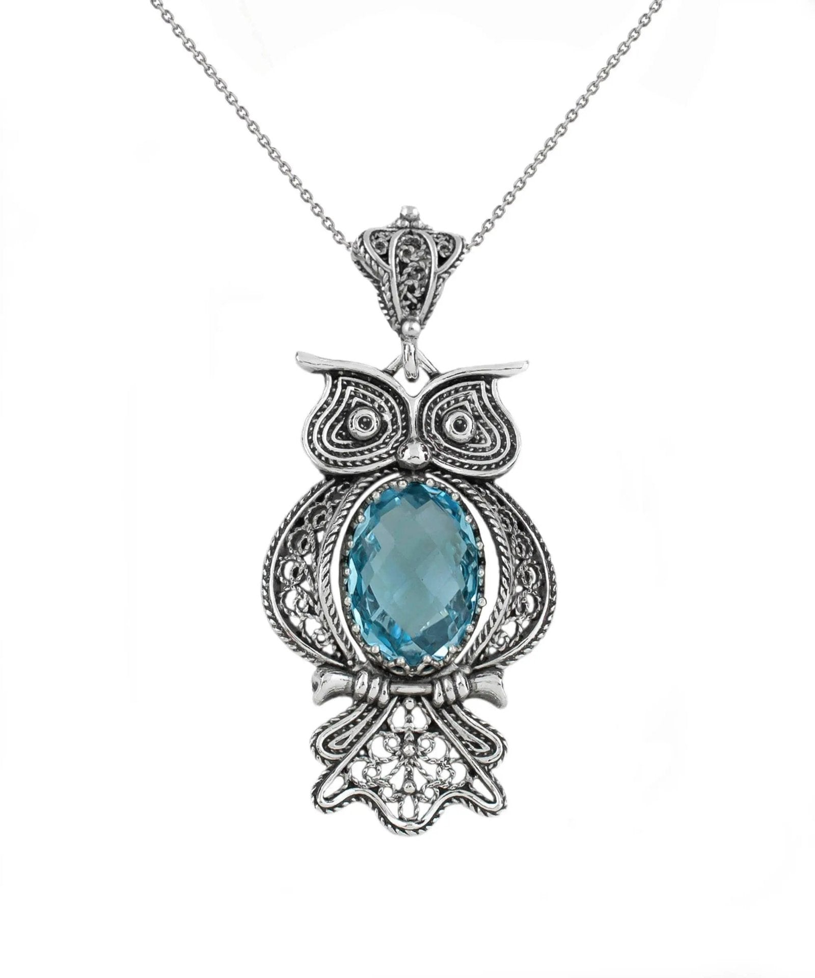 Filigree Art Owl Figured Blue Topaz Gemstone Women Silver Pendant Necklace - Drakoi Marketplace