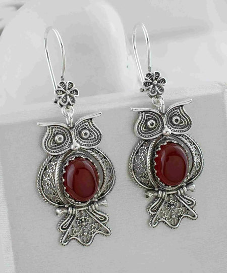 Filigree Art Owl Figured Carnelian Gemstone Women Silver Dangle Earrings - Drakoi Marketplace