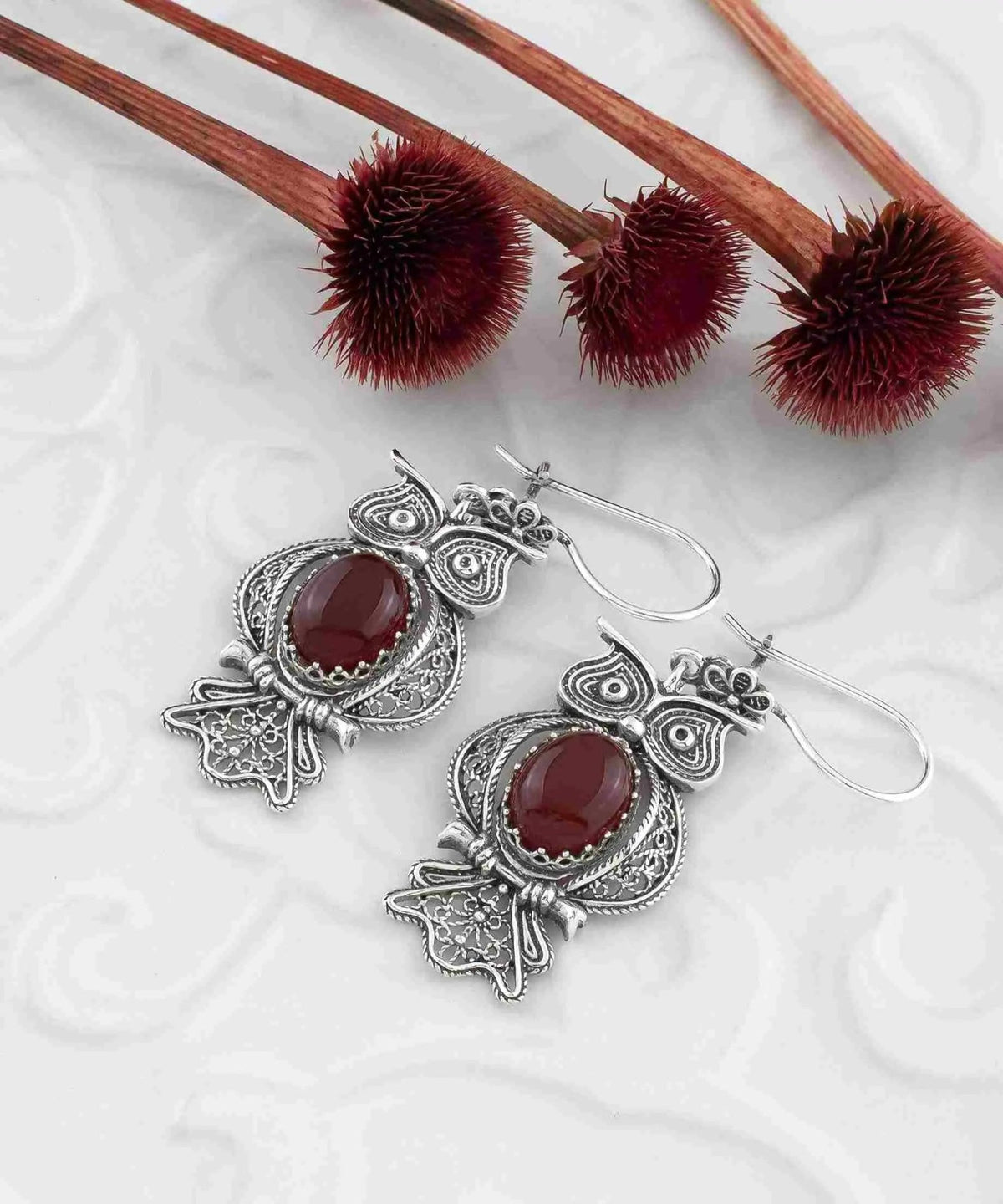 Filigree Art Owl Figured Carnelian Gemstone Women Silver Dangle Earrings - Drakoi Marketplace