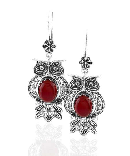 Filigree Art Owl Figured Carnelian Gemstone Women Silver Dangle Earrings - Drakoi Marketplace