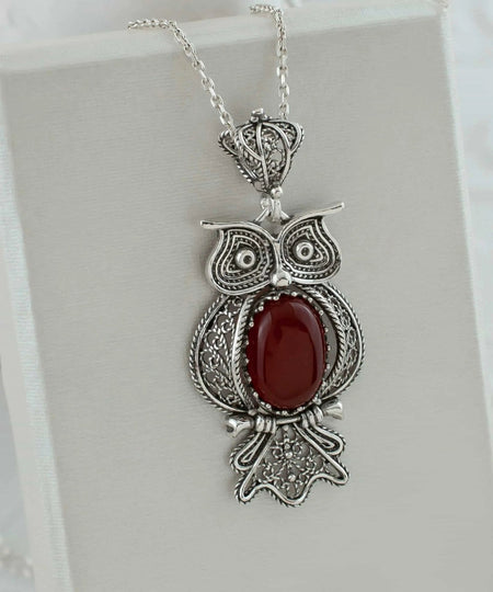 Filigree Art Owl Figured Carnelian Gemstone Women Silver Pendant Necklace - Drakoi Marketplace