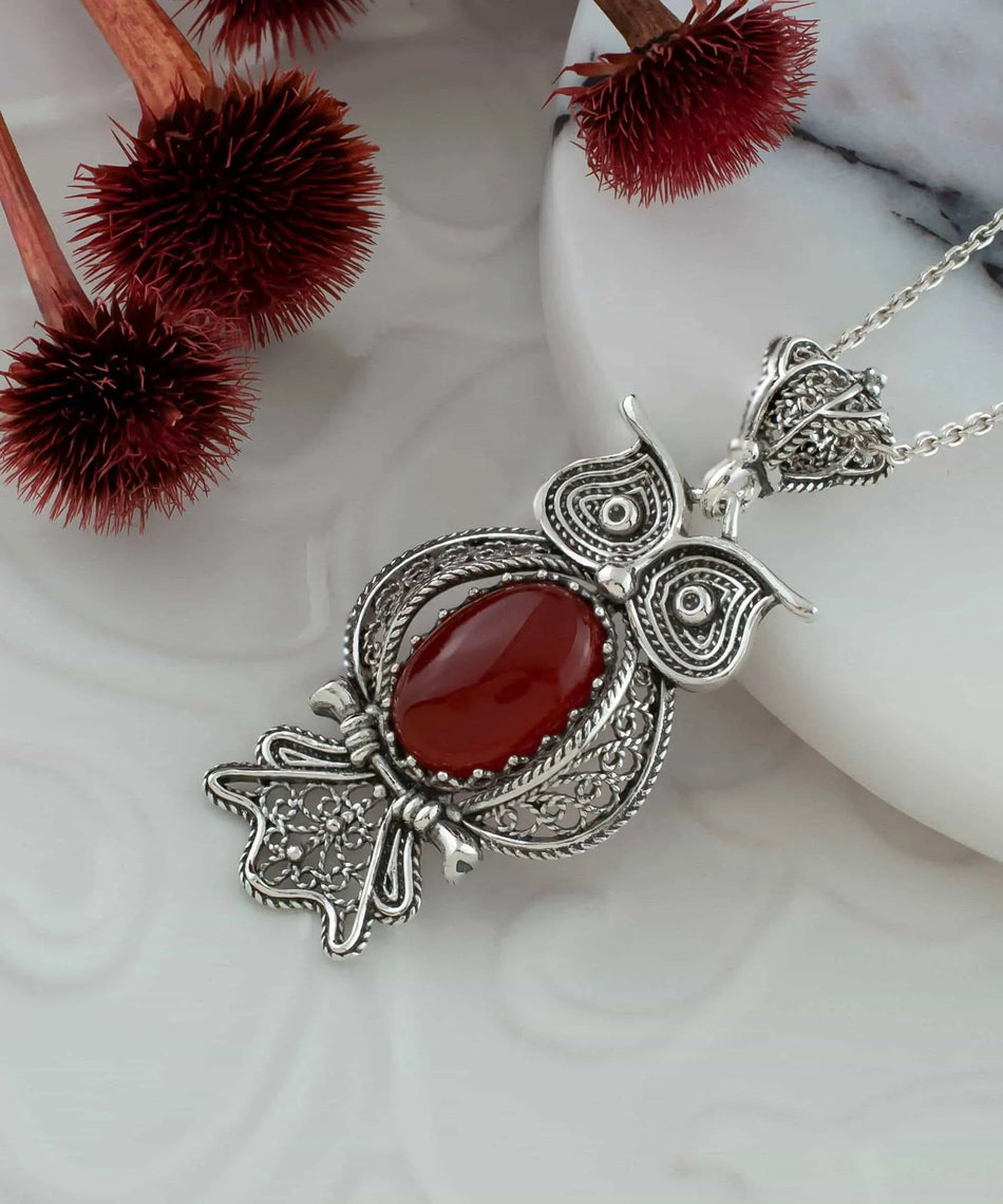 Filigree Art Owl Figured Carnelian Gemstone Women Silver Pendant Necklace - Drakoi Marketplace