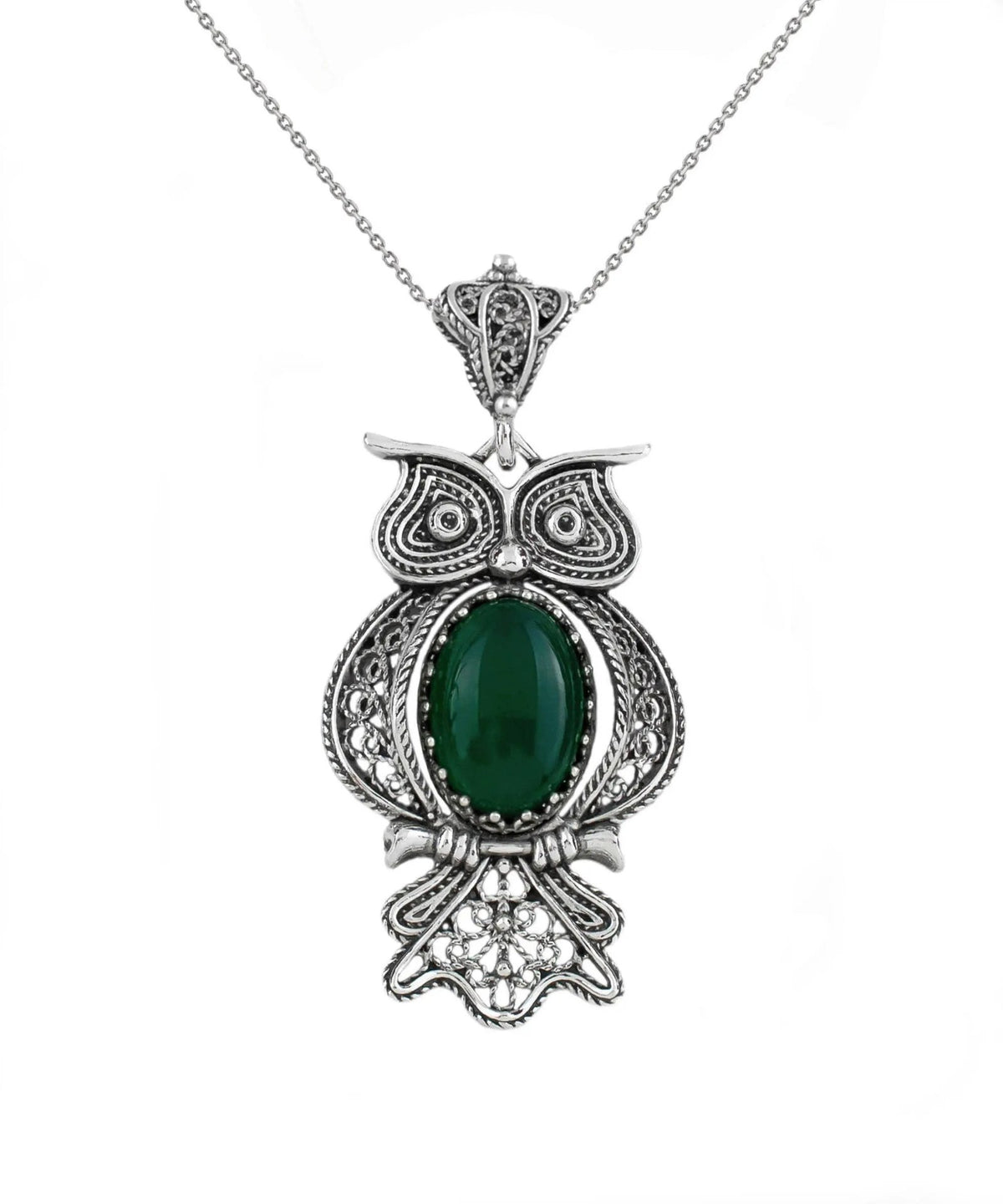 Filigree Art Owl Figured Green Agate Gemstone Women Silver Pendant Necklace - Drakoi Marketplace