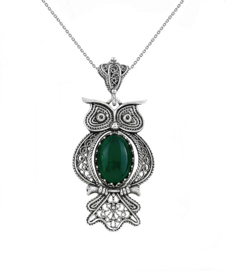 Filigree Art Owl Figured Green Agate Gemstone Women Silver Pendant Necklace - Drakoi Marketplace