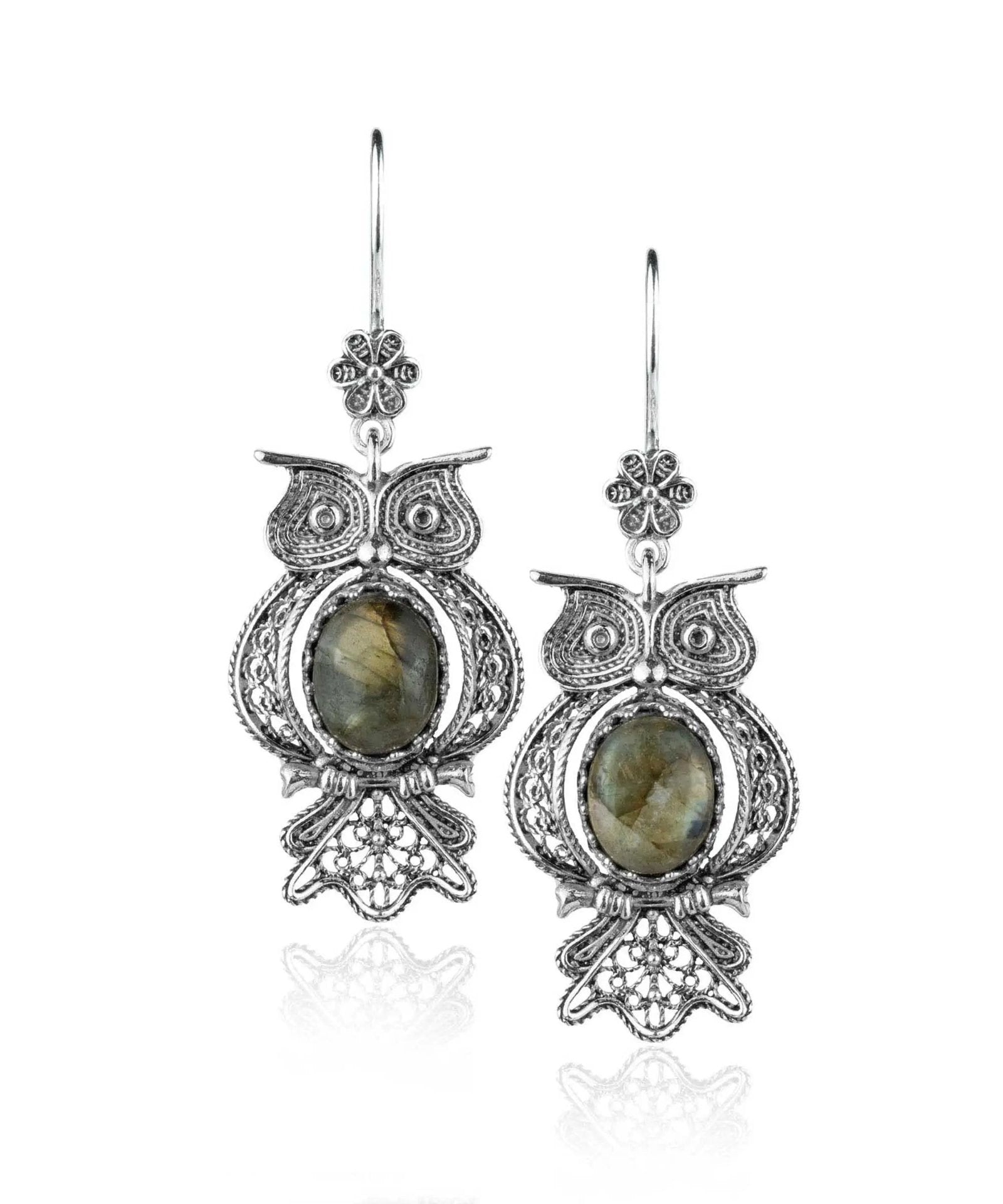 Filigree Art Owl Figured Labradorite Gemstone Women Silver Dangle Earrings - Drakoi Marketplace