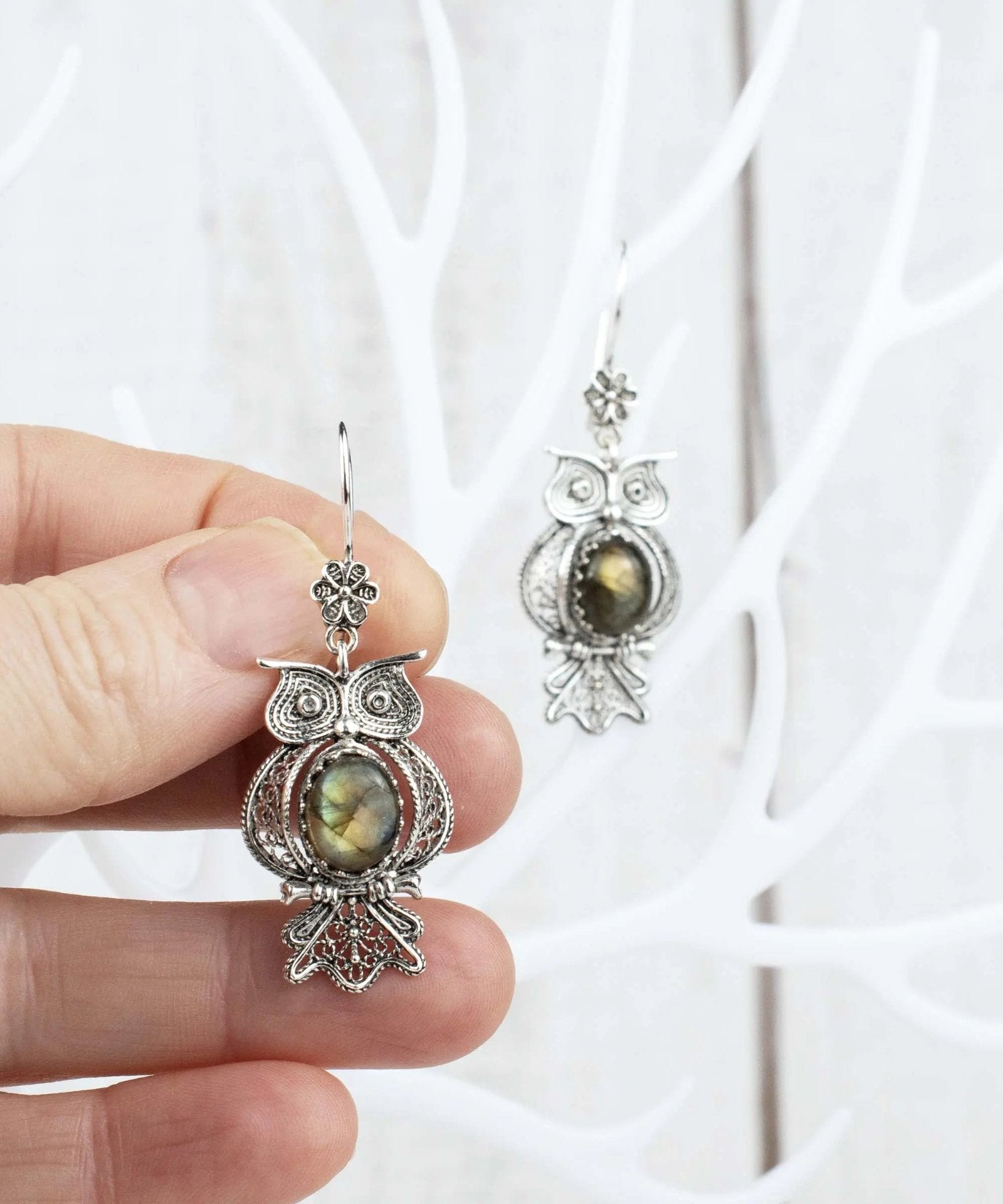 Filigree Art Owl Figured Labradorite Gemstone Women Silver Dangle Earrings - Drakoi Marketplace