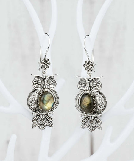 Filigree Art Owl Figured Labradorite Gemstone Women Silver Dangle Earrings - Drakoi Marketplace