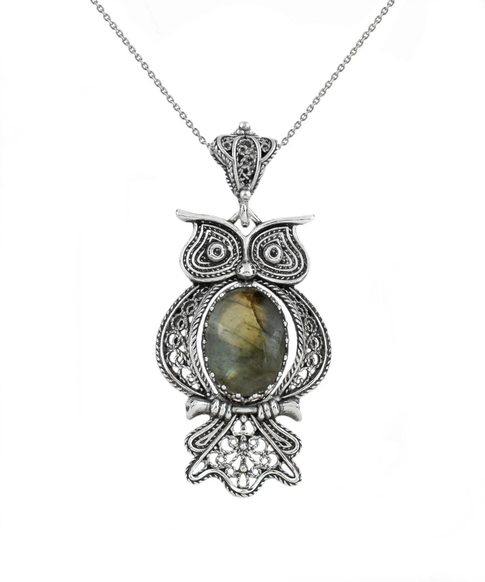 Filigree Art Owl Figured Labradorite Gemstone Women Silver Pendant Necklace - Drakoi Marketplace