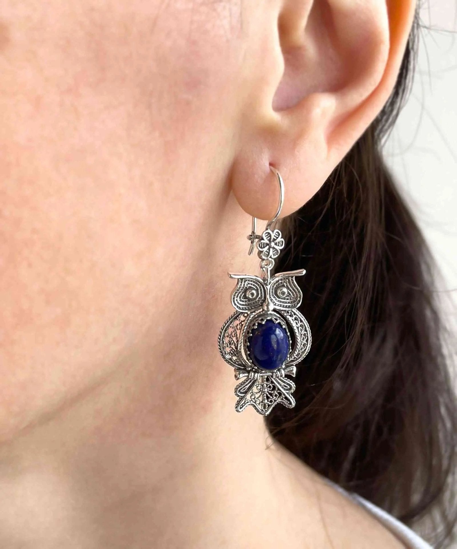 Filigree Art Owl Figured Lapis Lazuli Gemstone Women Silver Dangle Earrings - Drakoi Marketplace