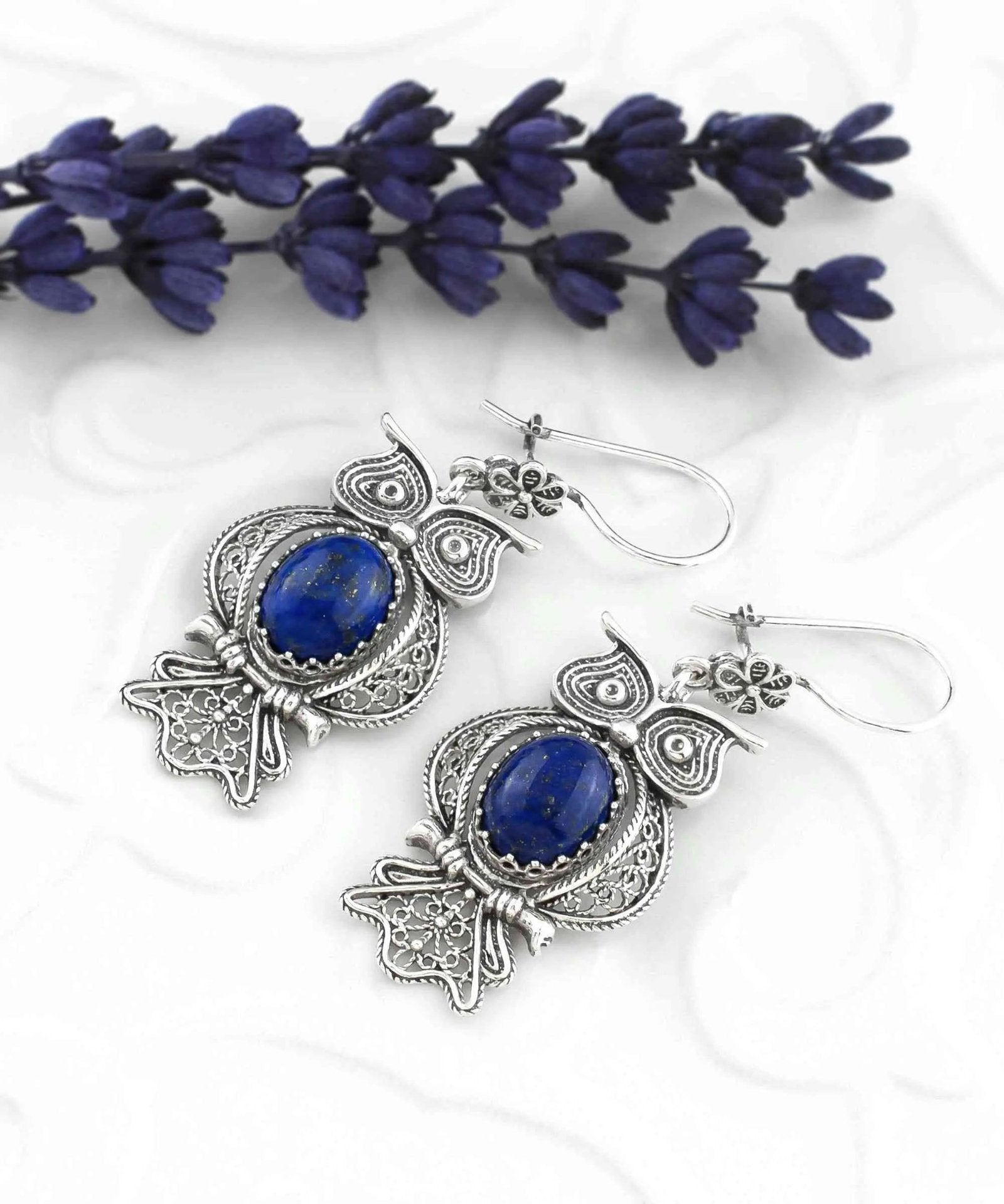 Filigree Art Owl Figured Lapis Lazuli Gemstone Women Silver Dangle Earrings - Drakoi Marketplace