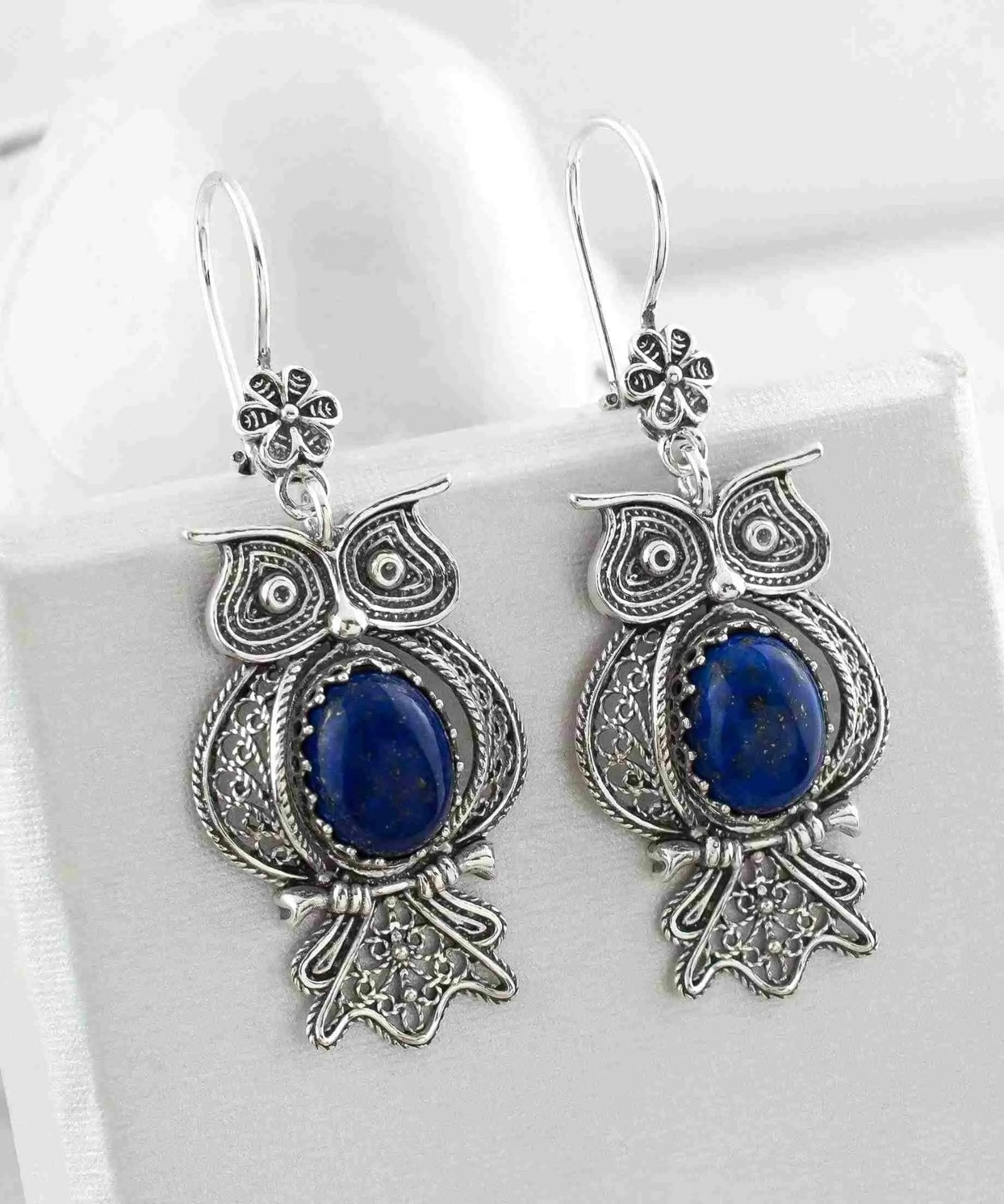 Filigree Art Owl Figured Lapis Lazuli Gemstone Women Silver Dangle Earrings - Drakoi Marketplace