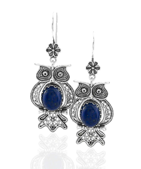 Filigree Art Owl Figured Lapis Lazuli Gemstone Women Silver Dangle Earrings - Drakoi Marketplace