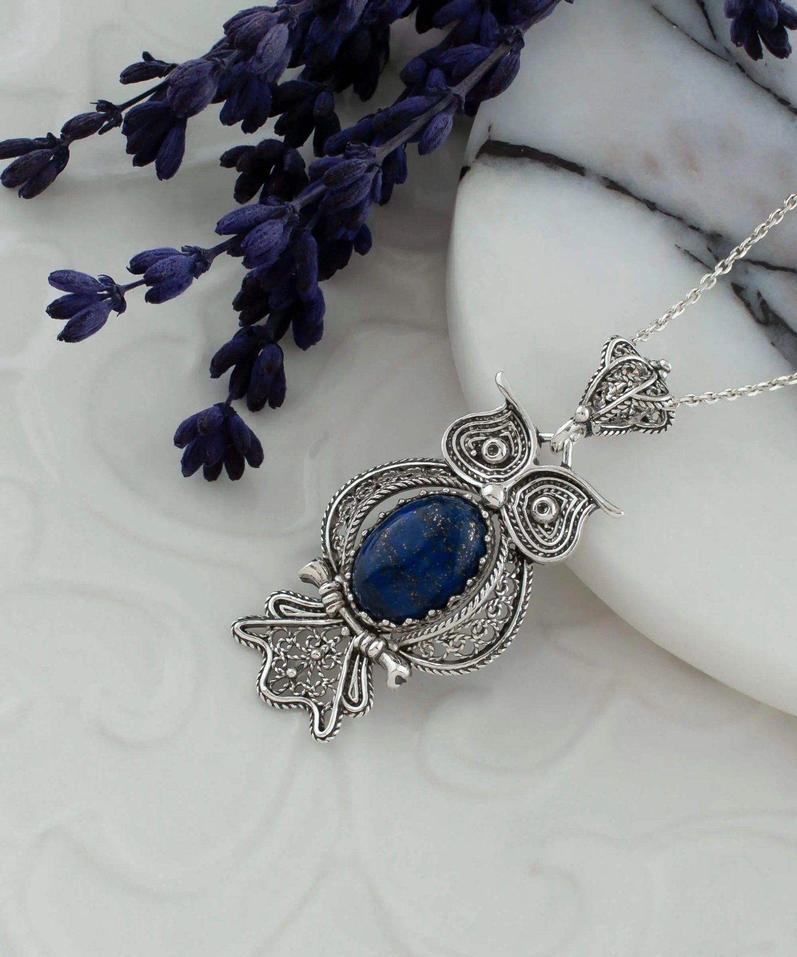 Filigree Art Owl Figured Lapis Lazuli Gemstone Women Silver Pendant Necklace - Drakoi Marketplace