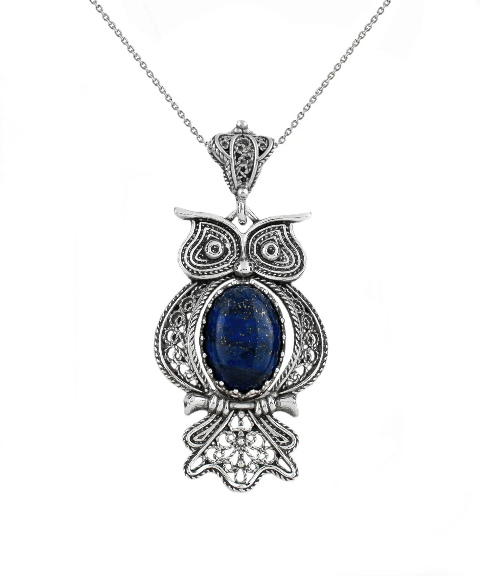 Filigree Art Owl Figured Lapis Lazuli Gemstone Women Silver Pendant Necklace - Drakoi Marketplace