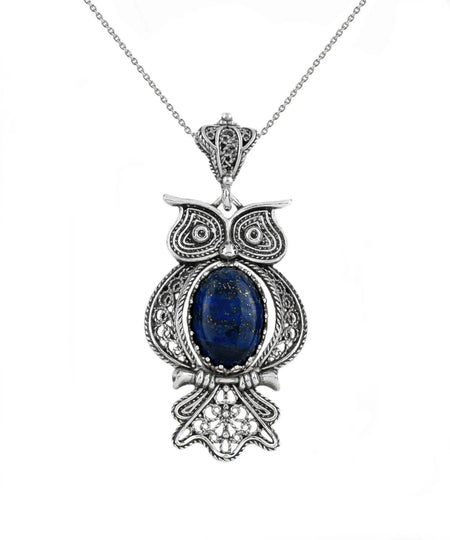 Filigree Art Owl Figured Lapis Lazuli Gemstone Women Silver Pendant Necklace - Drakoi Marketplace