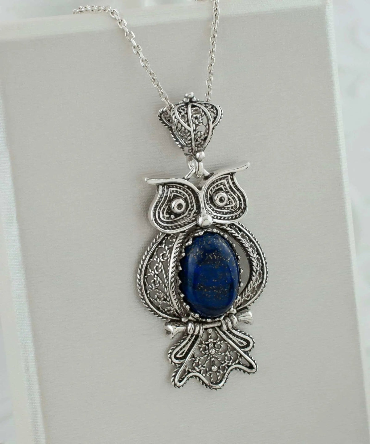 Filigree Art Owl Figured Lapis Lazuli Gemstone Women Silver Pendant Necklace - Drakoi Marketplace