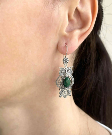 Filigree Art Owl Figured Malachite Gemstone Women Silver Dangle Earrings - Drakoi Marketplace