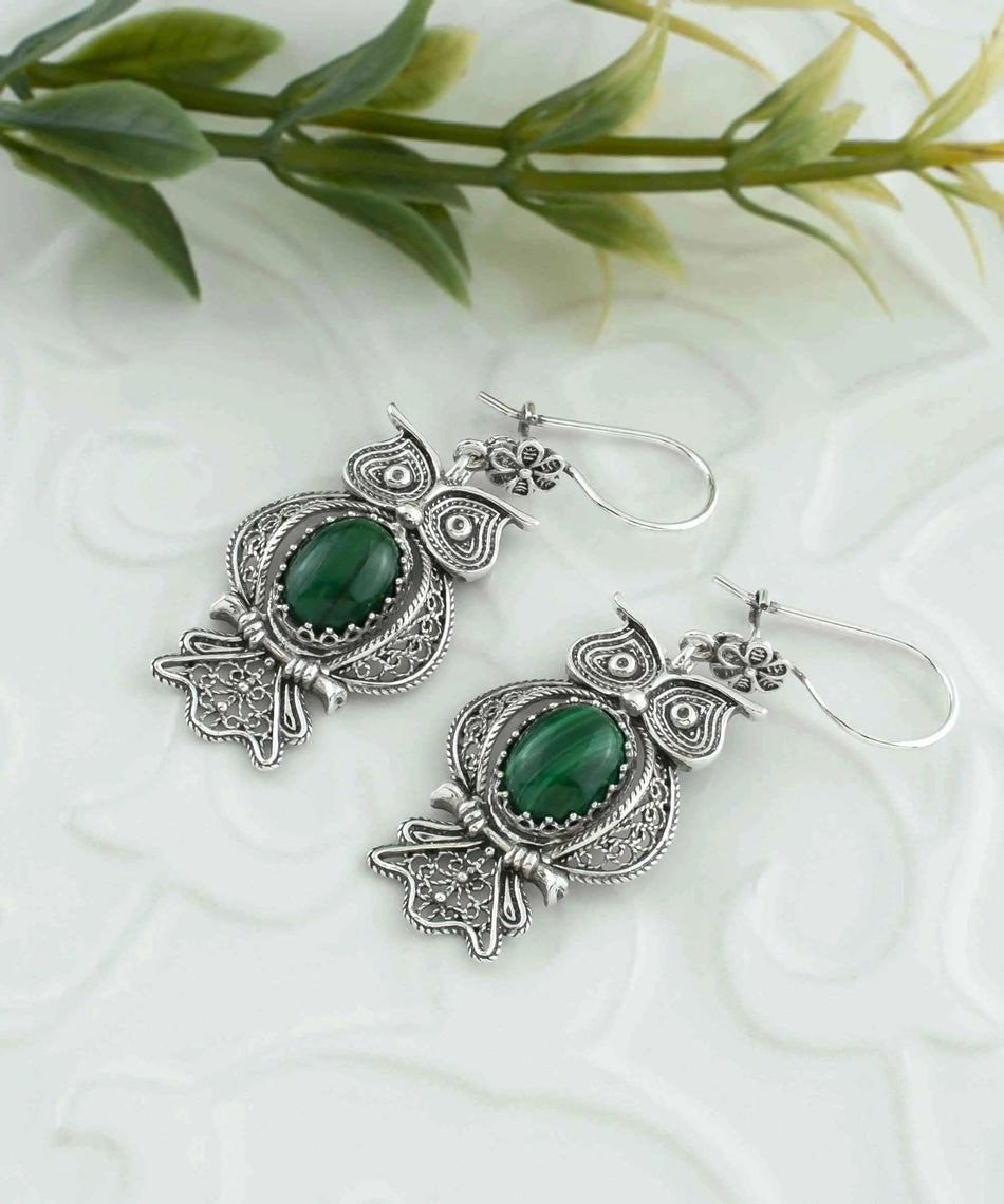 Filigree Art Owl Figured Malachite Gemstone Women Silver Dangle Earrings - Drakoi Marketplace