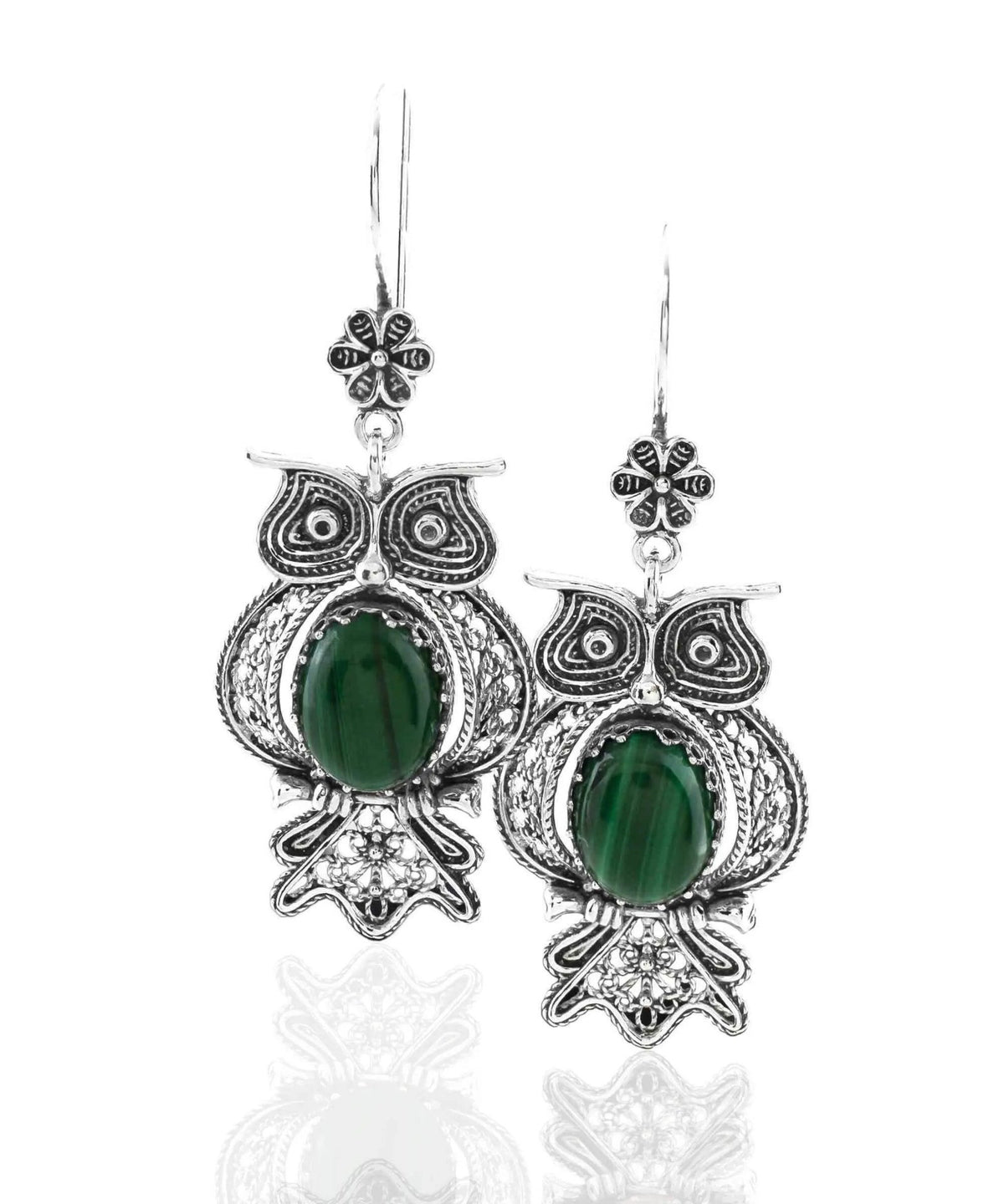 Filigree Art Owl Figured Malachite Gemstone Women Silver Dangle Earrings - Drakoi Marketplace