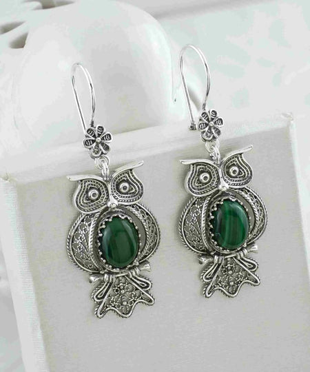 Filigree Art Owl Figured Malachite Gemstone Women Silver Dangle Earrings - Drakoi Marketplace