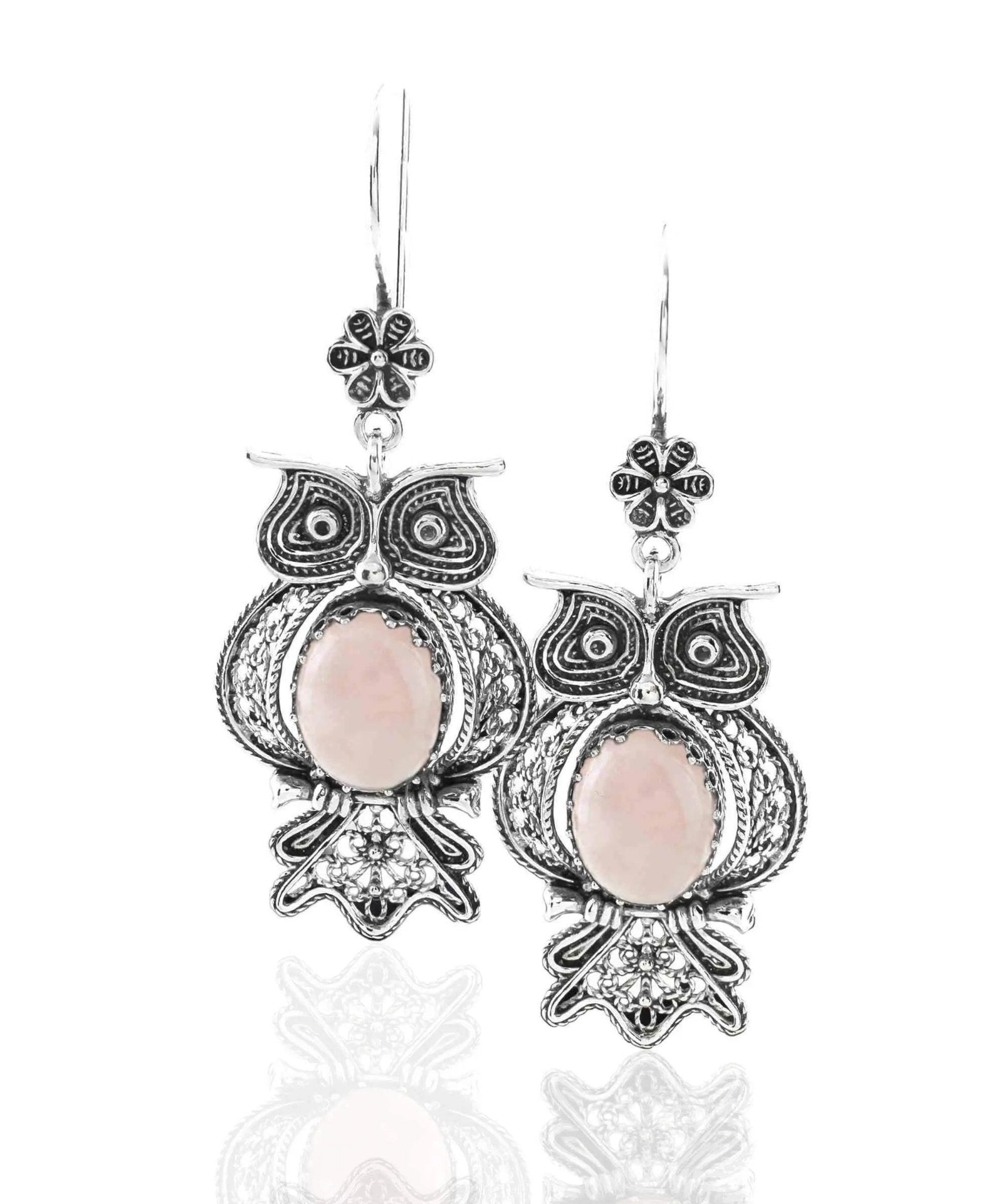 Filigree Art Owl Figured Rose Quartz Gemstone Women Silver Dangle Earrings - Drakoi Marketplace