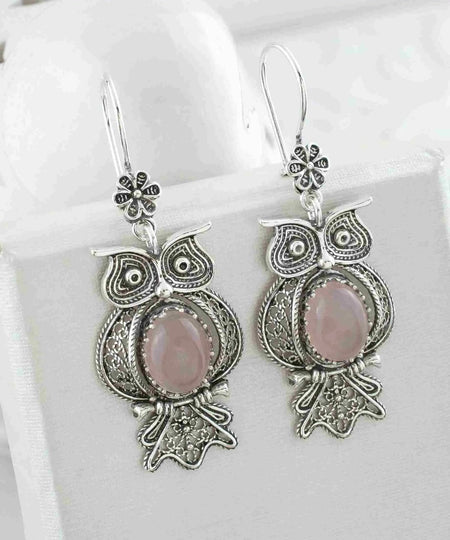 Filigree Art Owl Figured Rose Quartz Gemstone Women Silver Dangle Earrings - Drakoi Marketplace