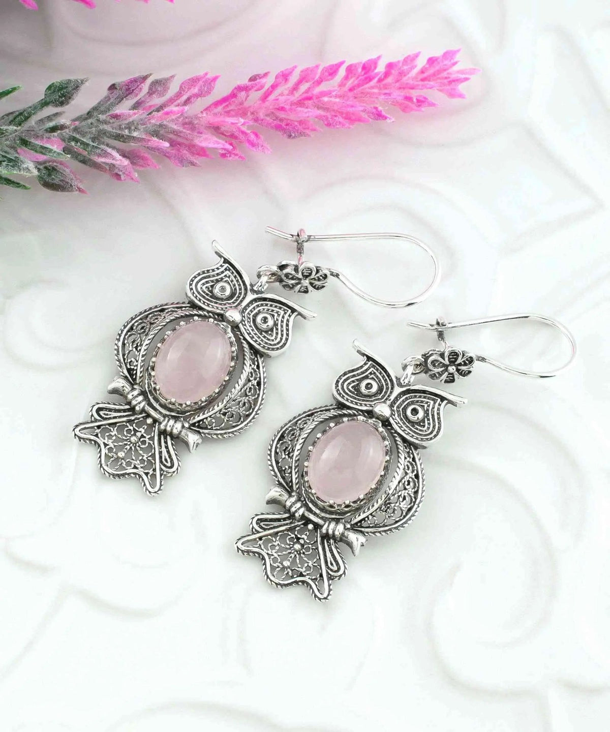 Filigree Art Owl Figured Rose Quartz Gemstone Women Silver Dangle Earrings - Drakoi Marketplace