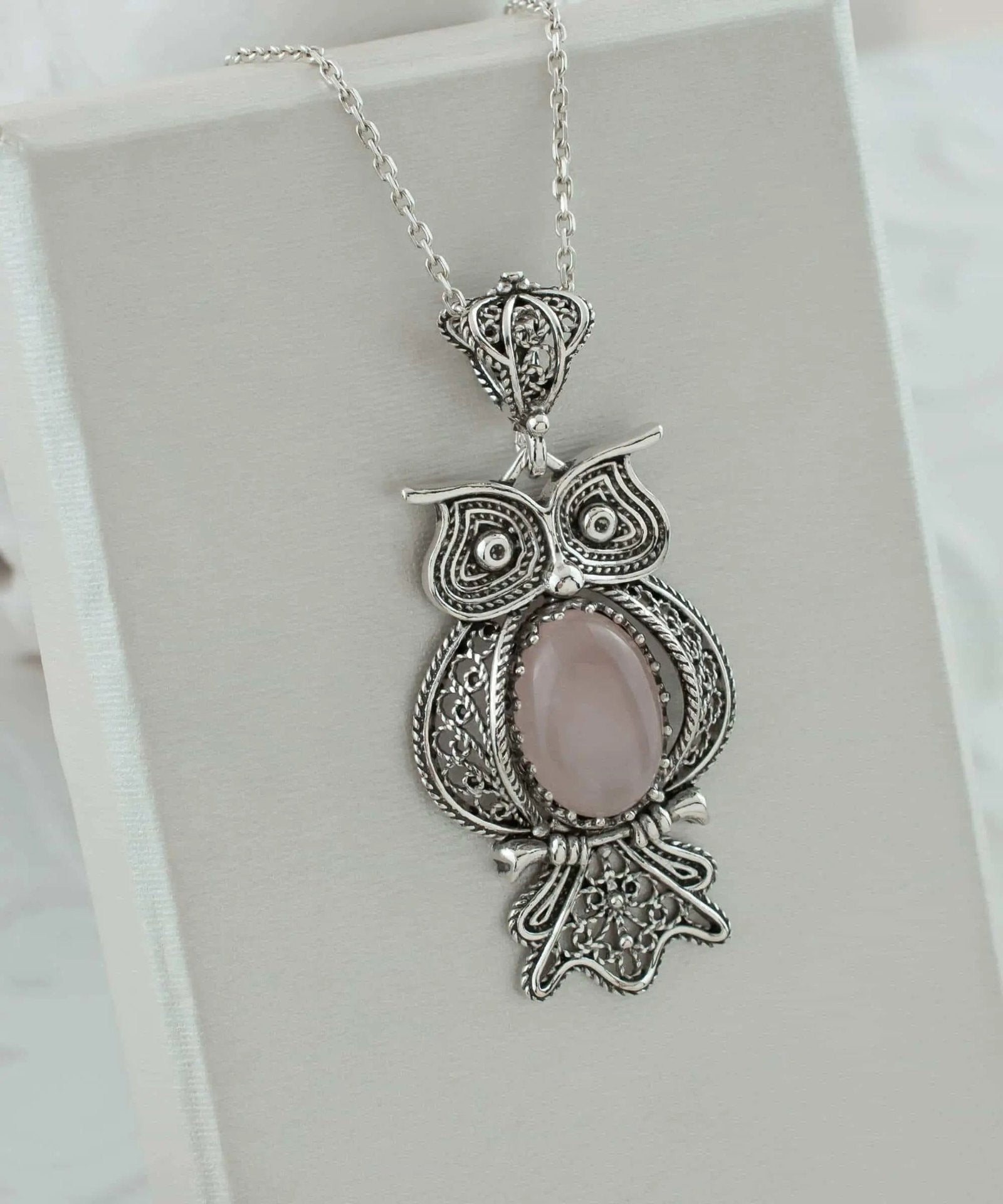 Filigree Art Owl Figured Rose Quartz Gemstone Women Silver Pendant Necklace - Drakoi Marketplace