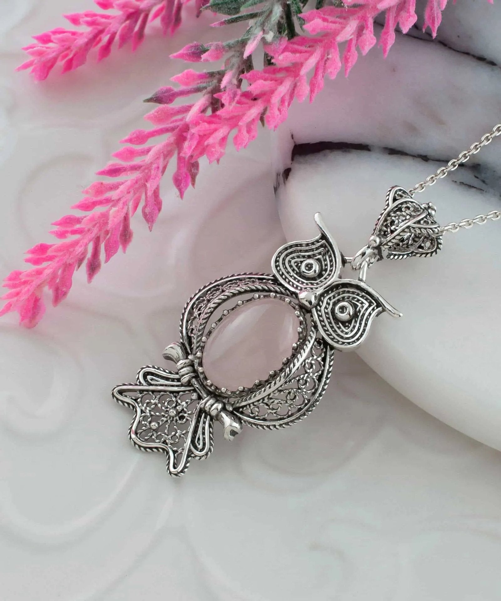 Filigree Art Owl Figured Rose Quartz Gemstone Women Silver Pendant Necklace - Drakoi Marketplace