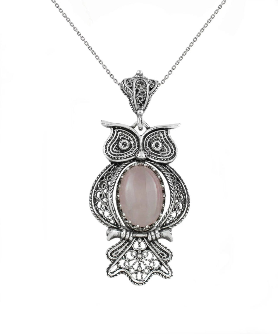 Filigree Art Owl Figured Rose Quartz Gemstone Women Silver Pendant Necklace - Drakoi Marketplace