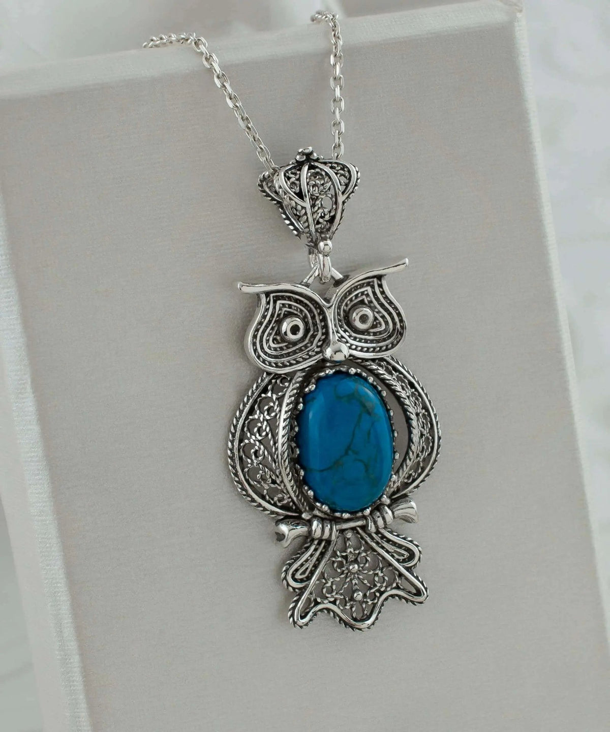 Filigree Art Owl Figured Turquoise Gemstone Women Silver Pendant Necklace - Drakoi Marketplace