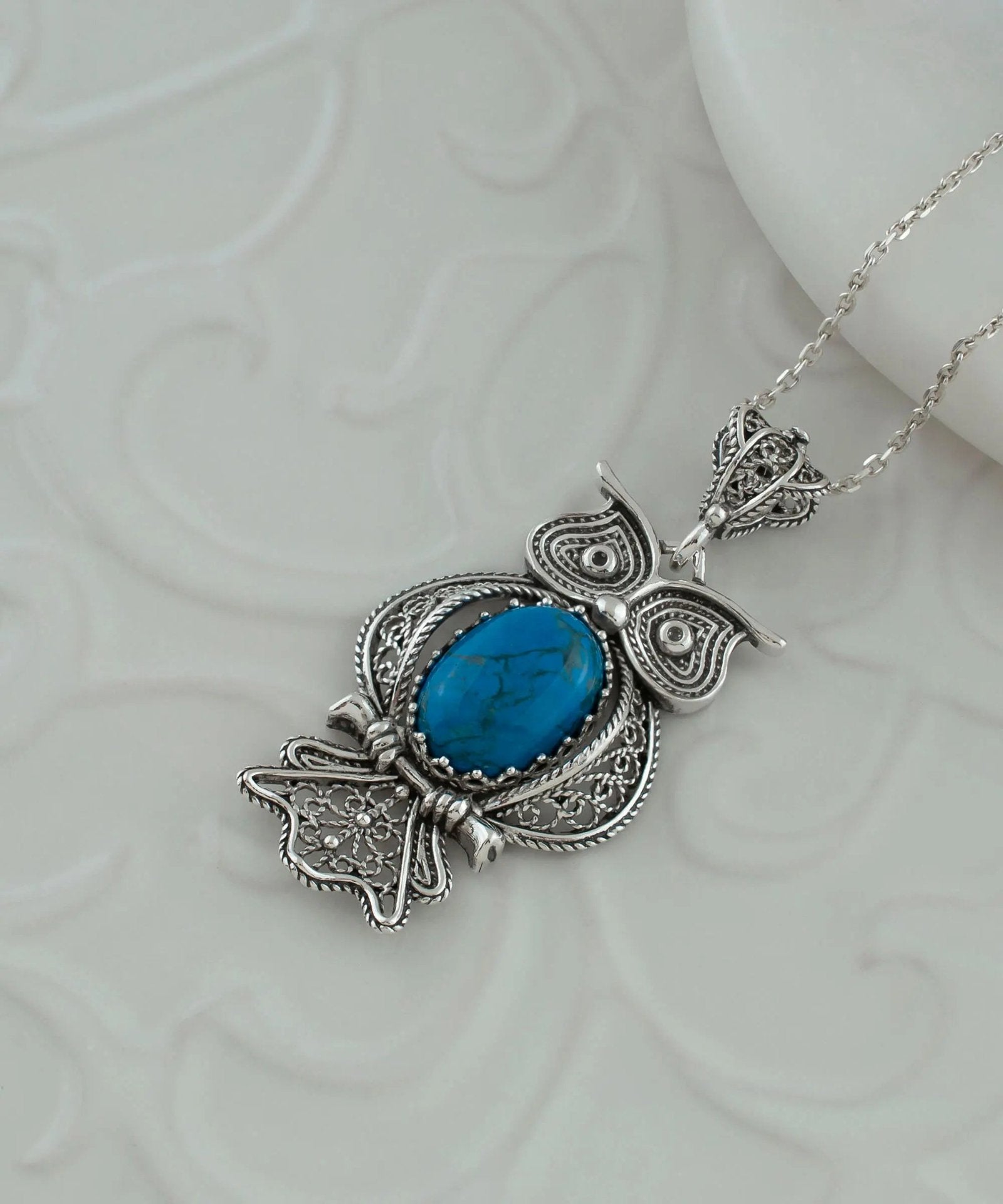 Filigree Art Owl Figured Turquoise Gemstone Women Silver Pendant Necklace - Drakoi Marketplace