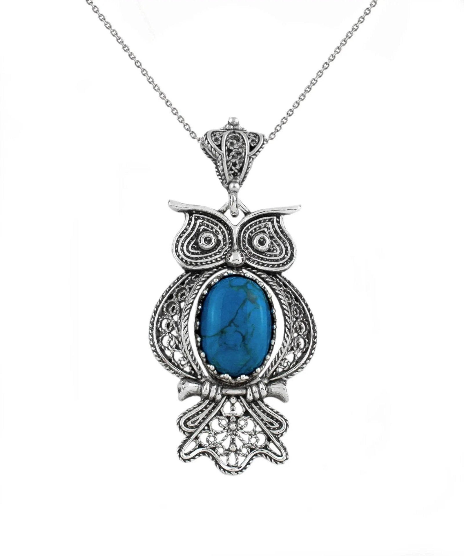 Filigree Art Owl Figured Turquoise Gemstone Women Silver Pendant Necklace - Drakoi Marketplace