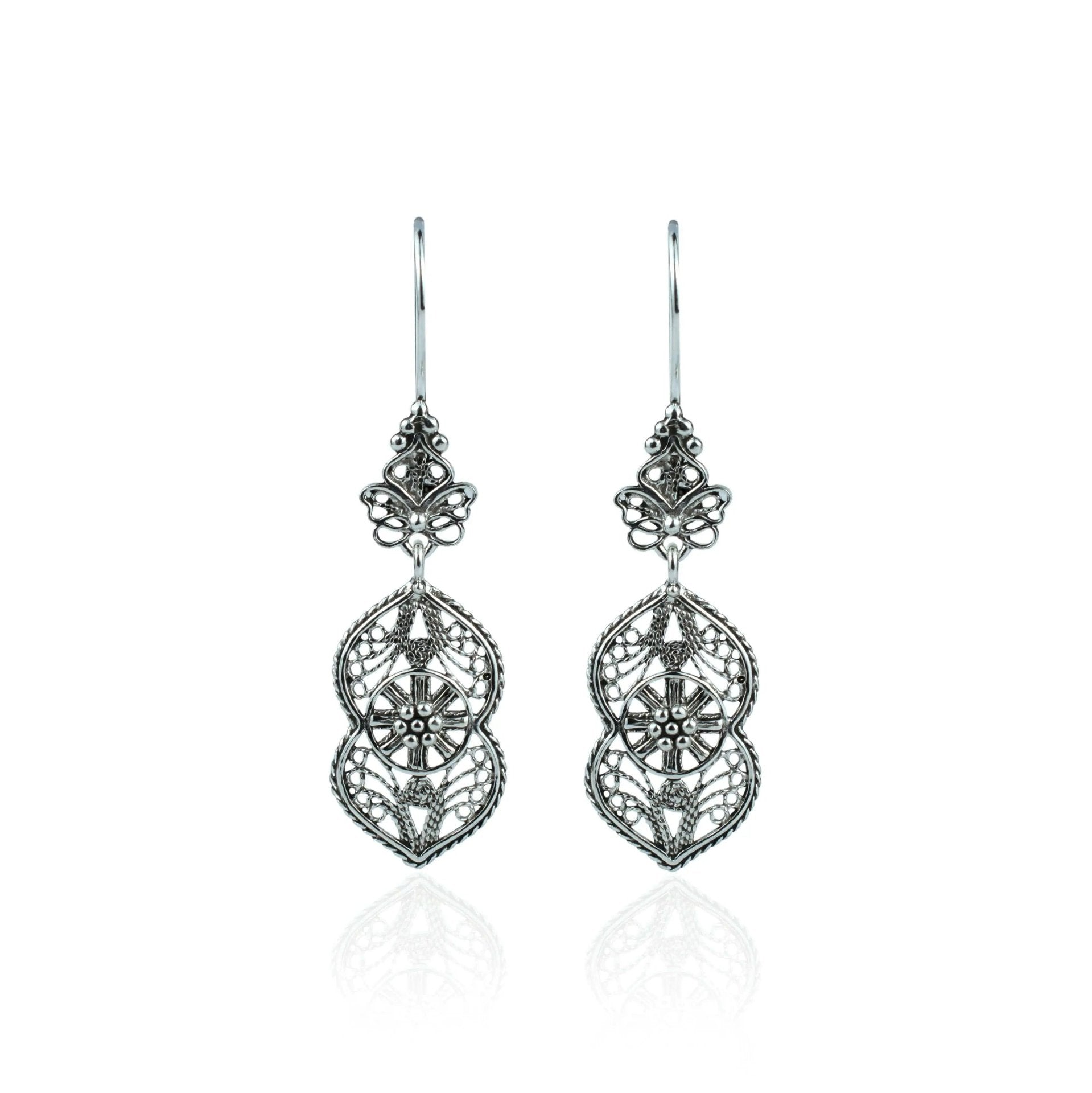 Filigree Art Paisley Figured Women Sterling Silver Dangle Drop Earrings - Drakoi Marketplace