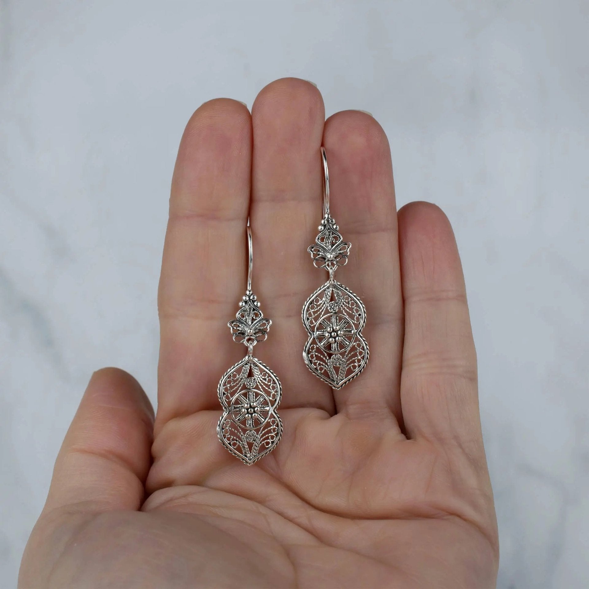 Filigree Art Paisley Figured Women Sterling Silver Dangle Drop Earrings - Drakoi Marketplace