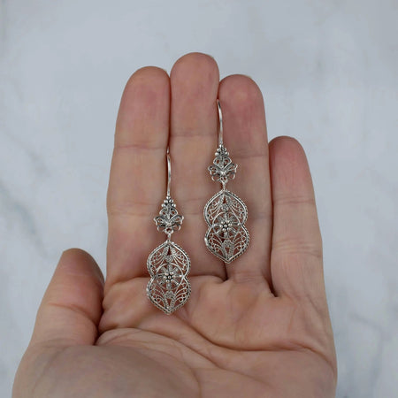 Filigree Art Paisley Figured Women Sterling Silver Dangle Drop Earrings - Drakoi Marketplace