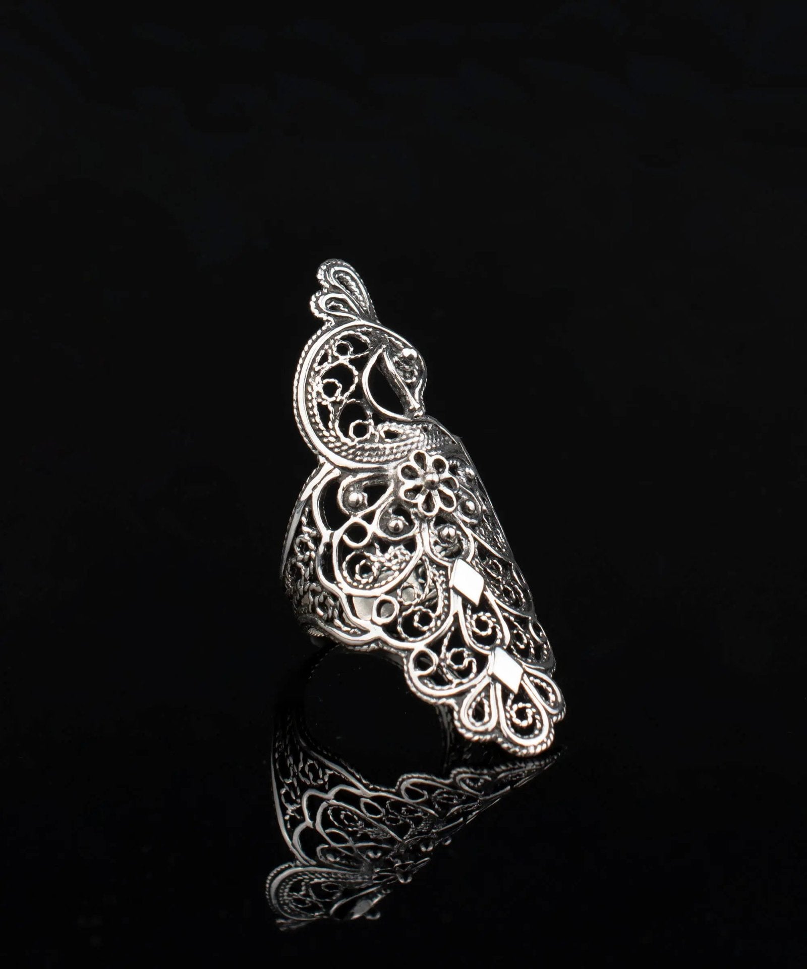 Filigree Art Peacock Design Women Silver Statement Ring - Drakoi Marketplace