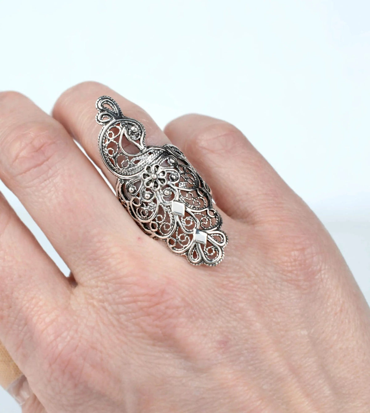 Filigree Art Peacock Design Women Silver Statement Ring - Drakoi Marketplace